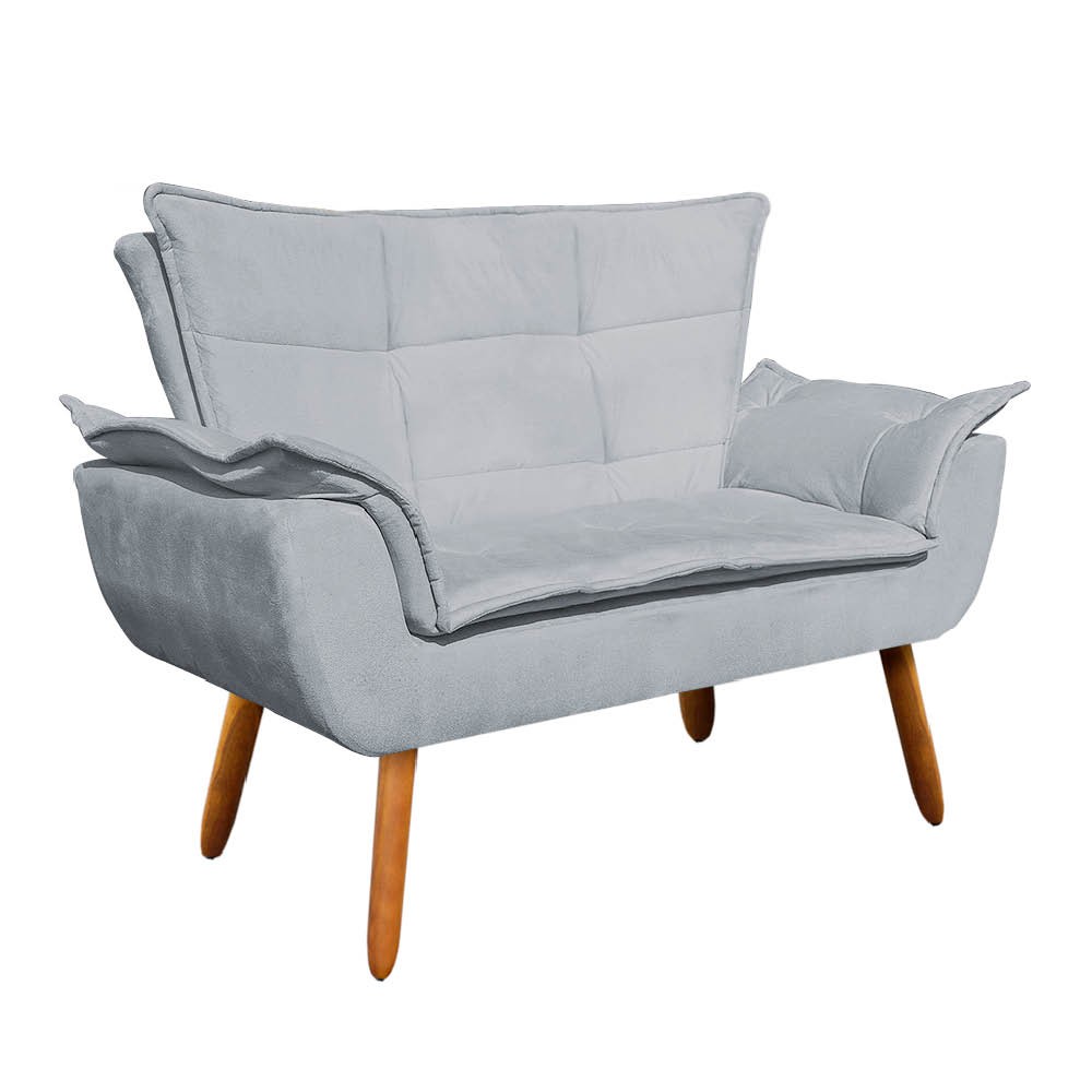 Kit Namoradeira e 02 Poltronas Opala Suede Cinza Pés Palito Castanho D'Rossi
