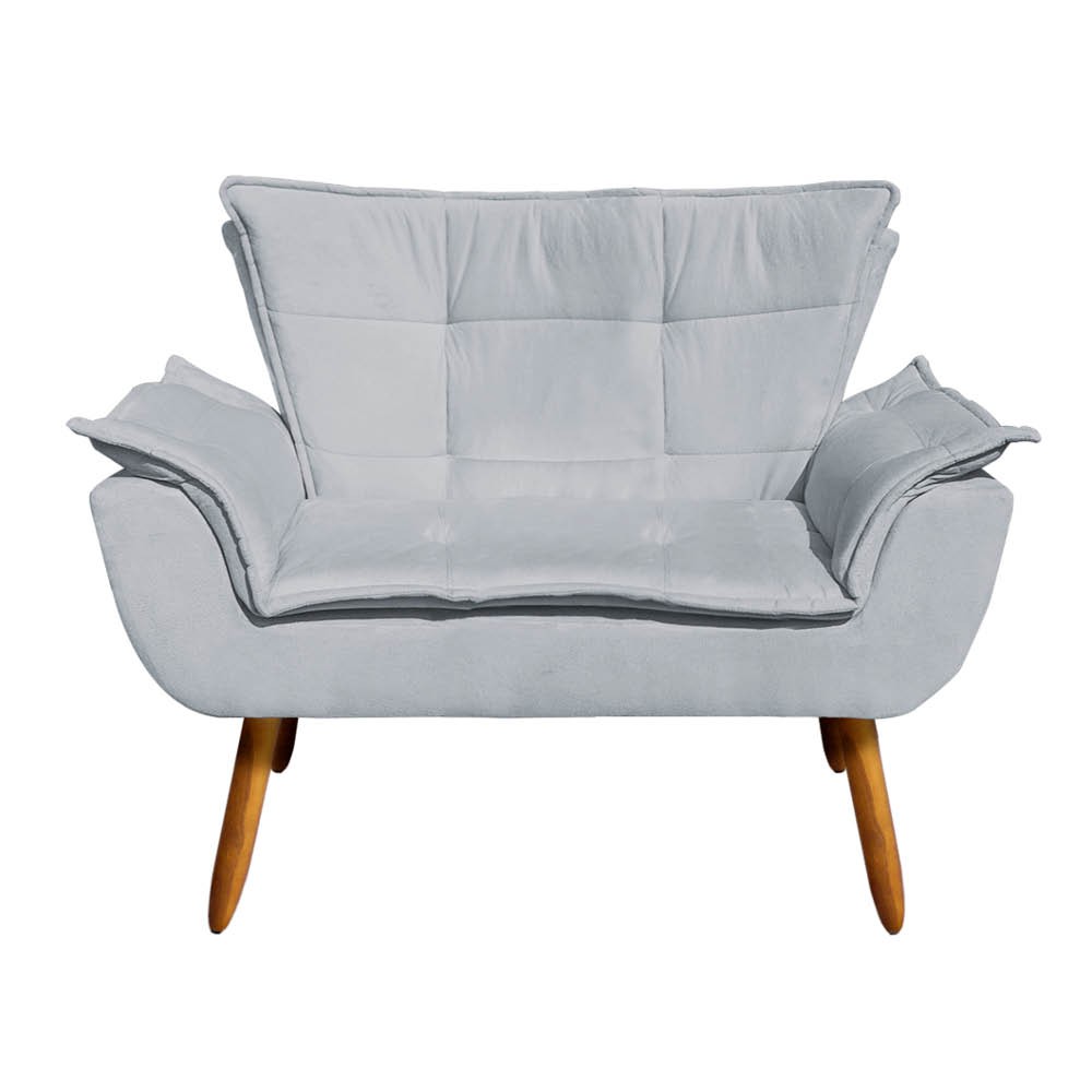 Kit Namoradeira e 02 Poltronas Opala Suede Cinza Pés Palito Castanho D'Rossi
