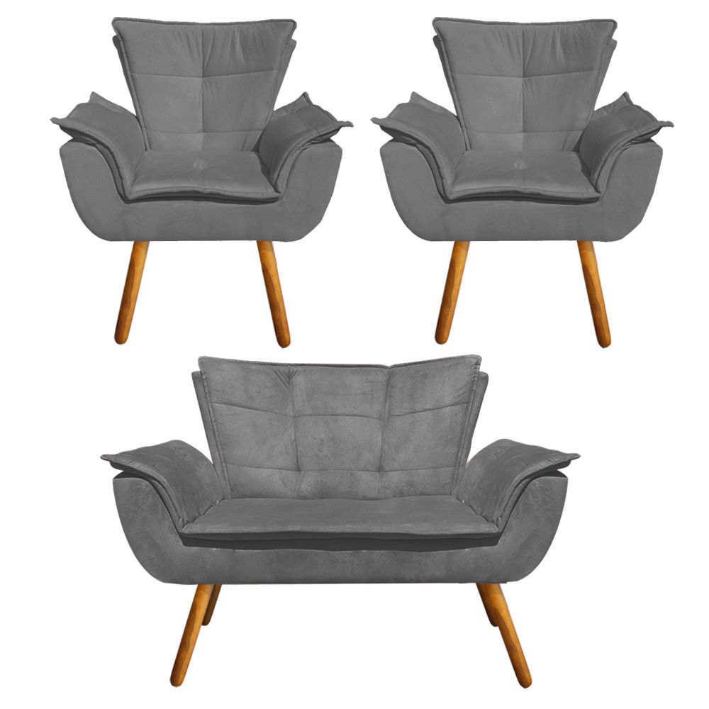 Kit Namoradeira e 02 Poltronas Opala Suede Grafite Pés Palito Castanho D'Rossi