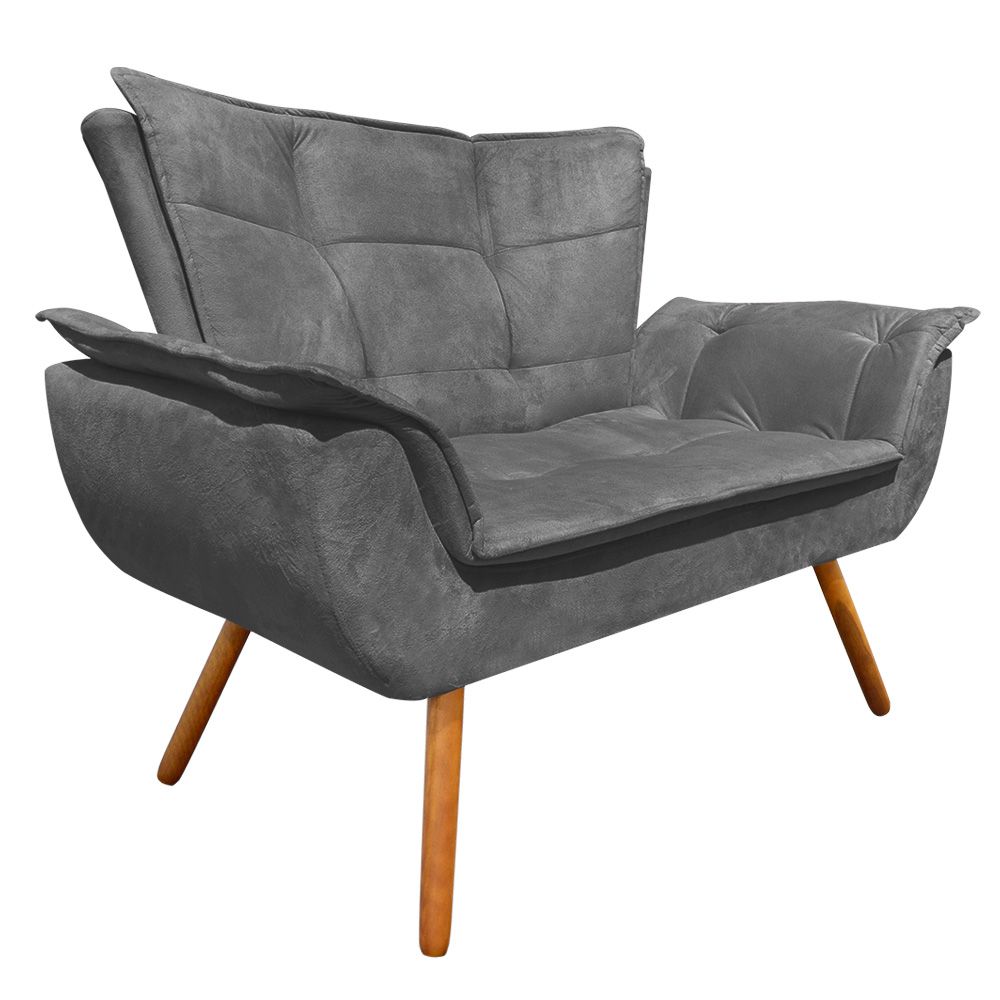 Kit Namoradeira e 02 Poltronas Opala Suede Grafite Pés Palito Castanho D'Rossi