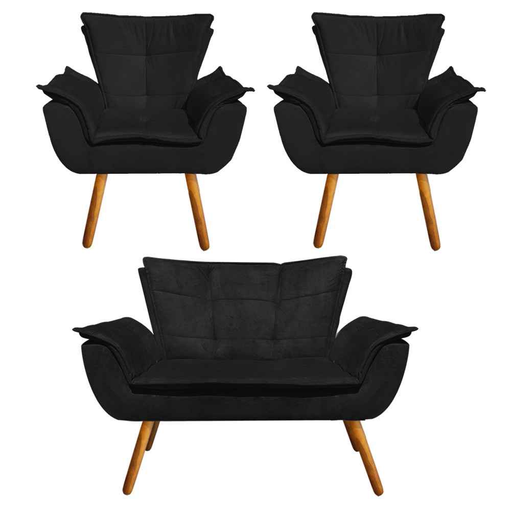Kit Namoradeira e 02 Poltronas Opala Suede Preto Pés Palito Castanho D'Rossi