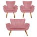 Kit Namoradeira e 02 Poltronas Opala Suede Rose Pés Palito Castanho D'Rossi