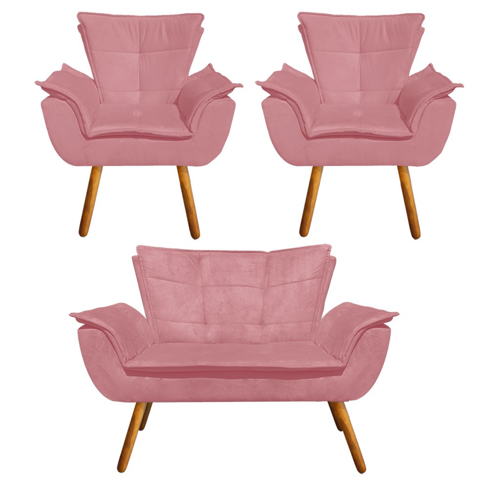 Kit Namoradeira e 02 Poltronas Opala Suede Rose Pés Palito Castanho D'Rossi