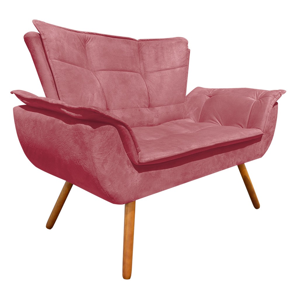 Kit Namoradeira e 02 Poltronas Opala Suede Rose Pés Palito Castanho D'Rossi