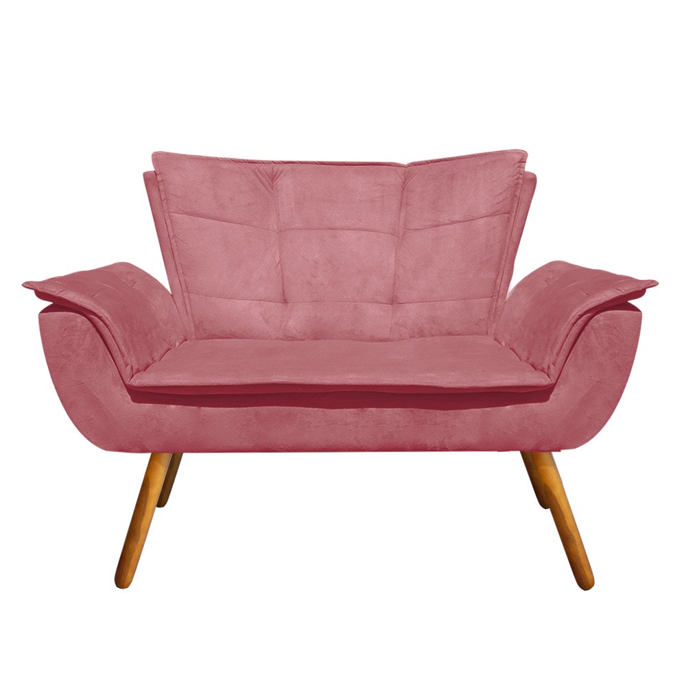 Kit Namoradeira e 02 Poltronas Opala Suede Rose Pés Palito Castanho D'Rossi