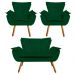 Kit Namoradeira e 02 Poltronas Opala Suede Verde Pés Palito Castanho D'Rossi