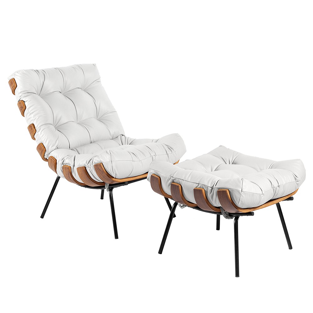 Kit Poltrona e Puff Costela Couro Branco Base de Metal - D'Rossi