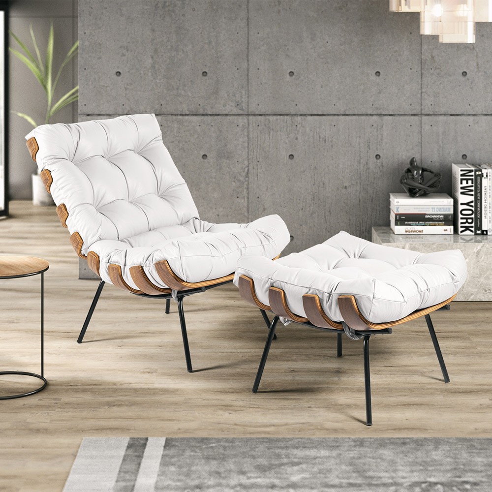 Kit Poltrona e Puff Costela Couro Branco Base de Metal - D'Rossi