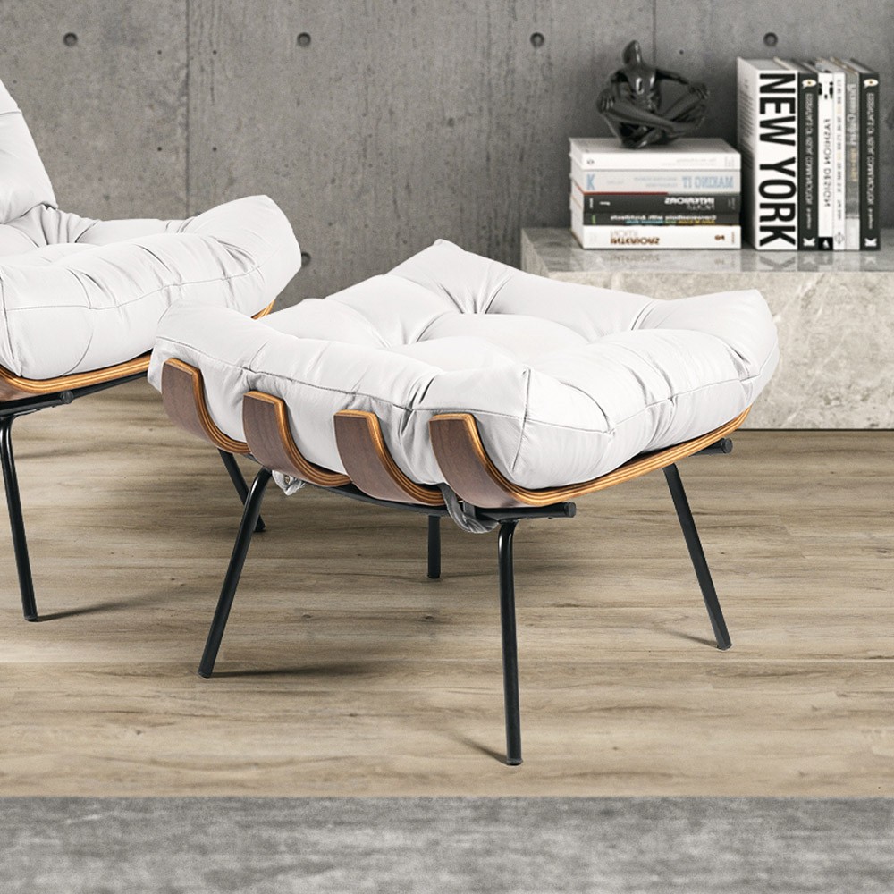Kit Poltrona e Puff Costela Couro Branco Base de Metal - D'Rossi