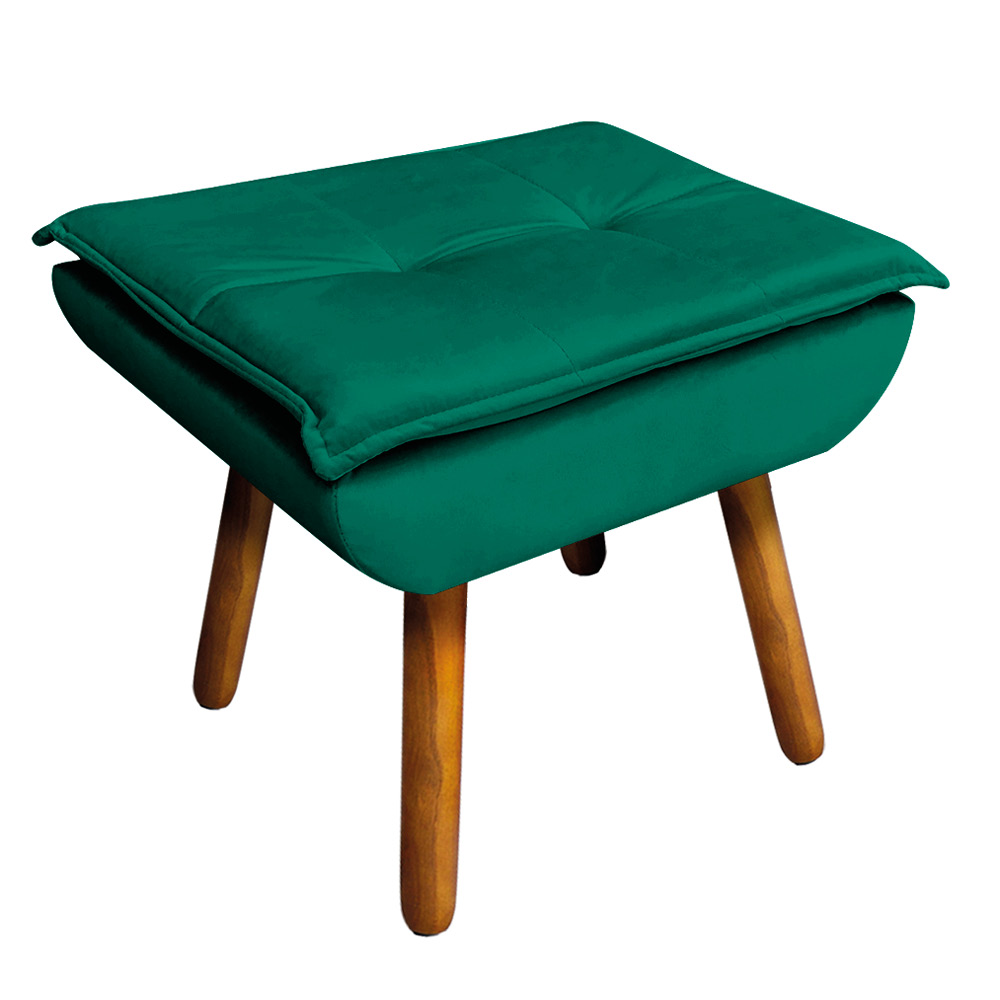 Kit Poltrona e Puff Opala Veludo Verde Esmeralda Pés Palito Castanho - D'Rossi