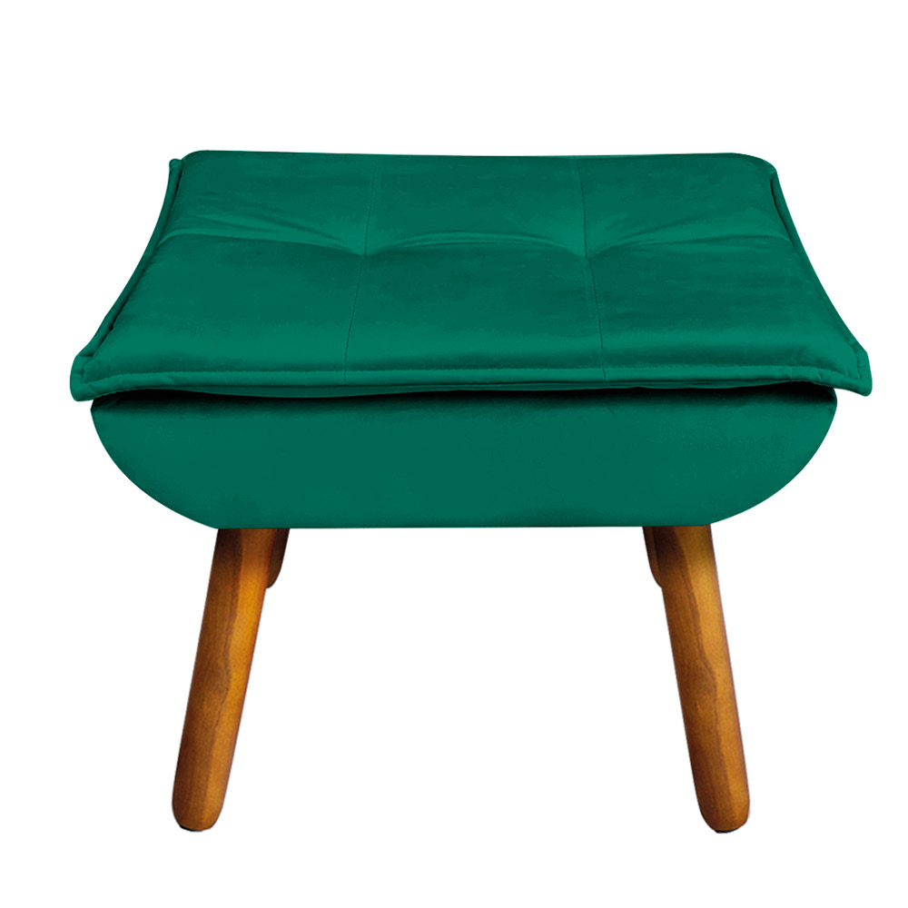Kit Poltrona e Puff Opala Veludo Verde Esmeralda Pés Palito Castanho - D'Rossi