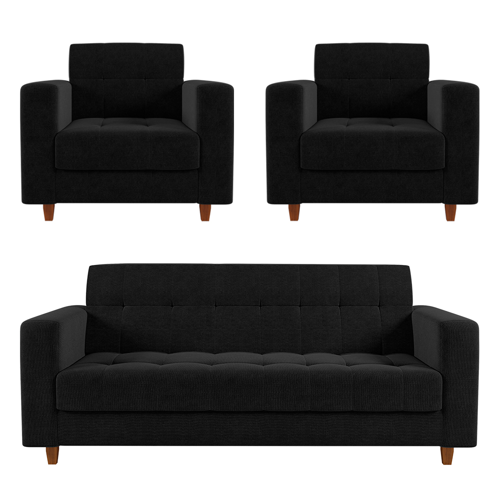 Kit Sofá 03 Lugares e 02 Poltronas Arezzo Linho Preto A79 Pés Chanfrado Castanho - D'Rossi