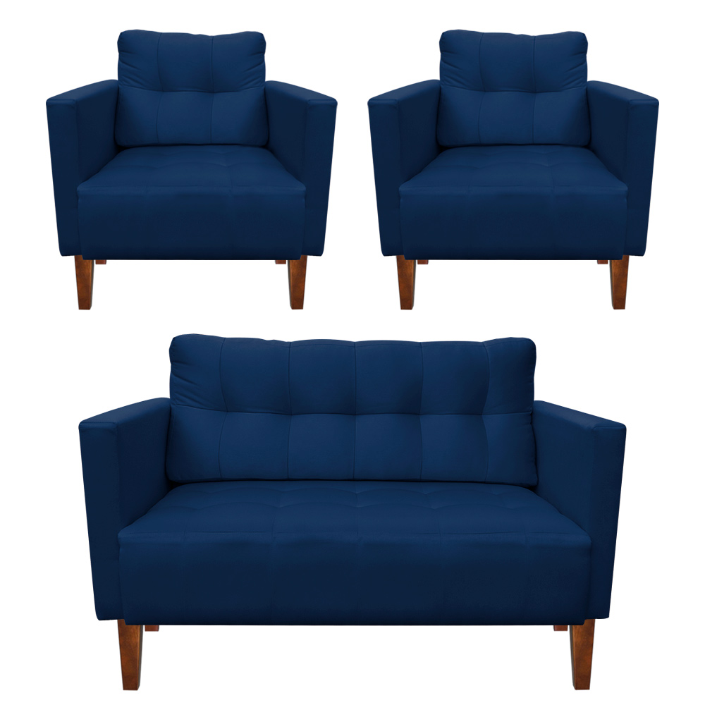 Kit Sofá Retrô Namoradeira 2 Lugares e 02 Poltronas Livia Suede Azul Marinho - D'Rossi