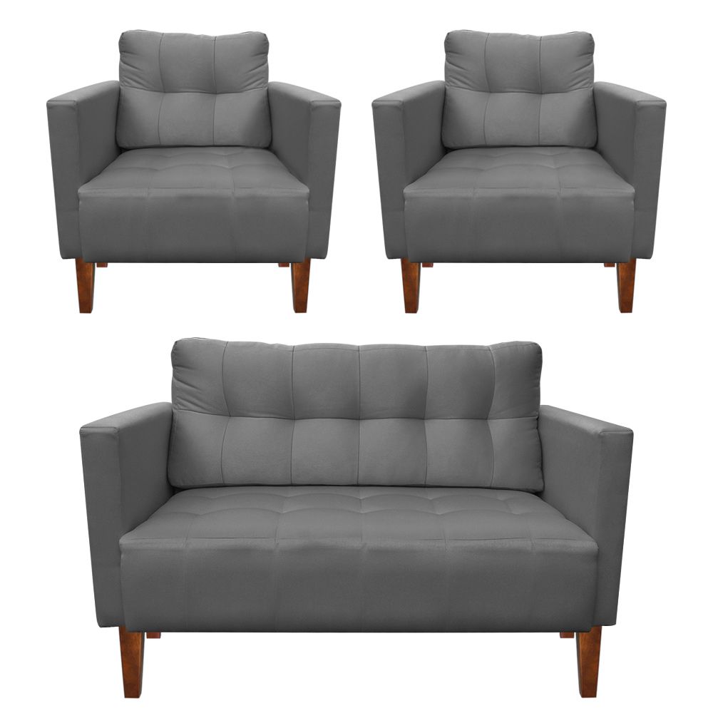Kit Sofá Retrô Namoradeira 2 Lugares e 02 Poltronas Livia Suede Grafite - D'Rossi