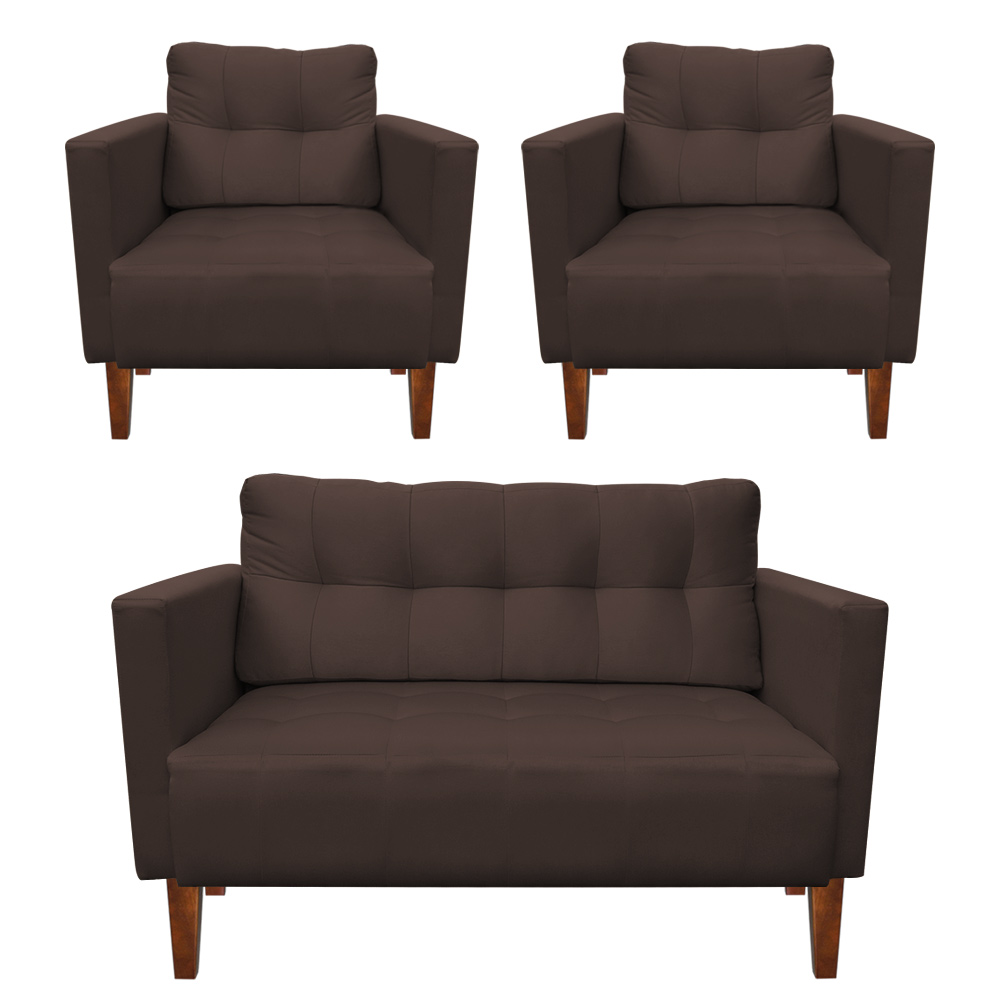 Kit Sofá Retrô Namoradeira 2 Lugares e 02 Poltronas Livia Suede Marrom - D'Rossi
