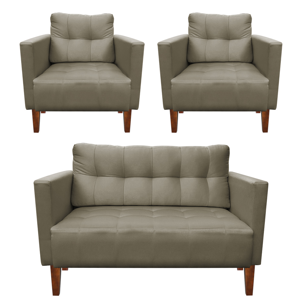 Kit Sofá Retrô Namoradeira 2 Lugares e 02 Poltronas Livia Suede Marrom Rato - D'Rossi