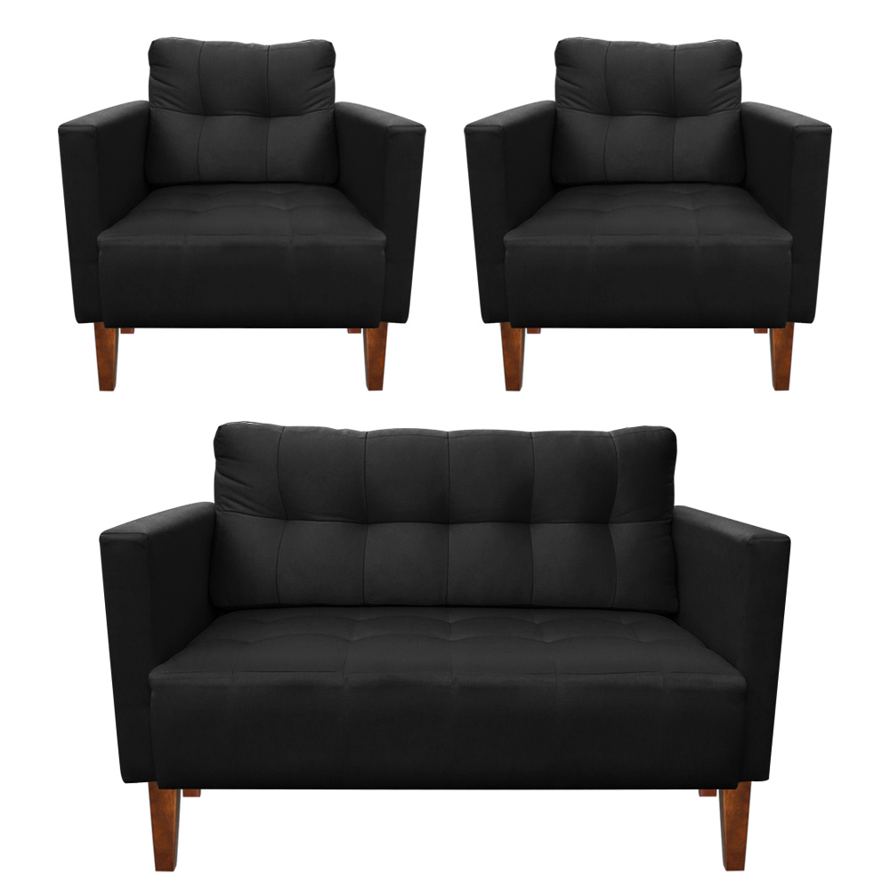 Kit Sofá Retrô Namoradeira 2 Lugares e 02 Poltronas Livia Suede Preto - D'Rossi