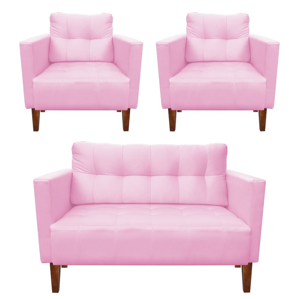 Kit Sofá Retrô Namoradeira 2 Lugares e 02 Poltronas Livia Suede Rosa Bebê  - D'Rossi