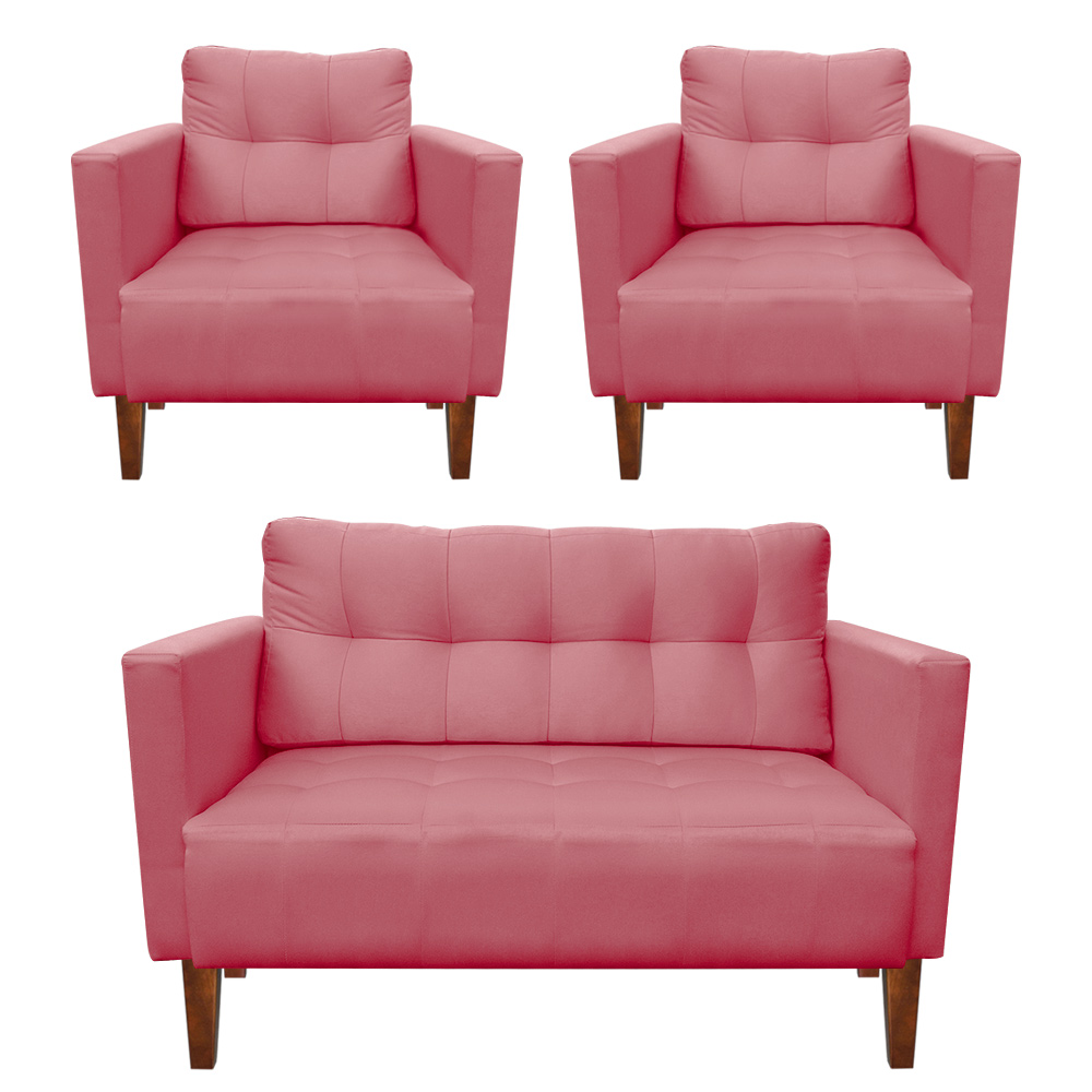 Kit Sofá Retrô Namoradeira 2 Lugares e 02 Poltronas Livia Suede Rose  - D'Rossi