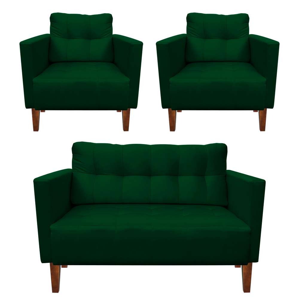 Kit Sofá Retrô Namoradeira 2 Lugares e 02 Poltronas Livia Suede Verde  - D'Rossi