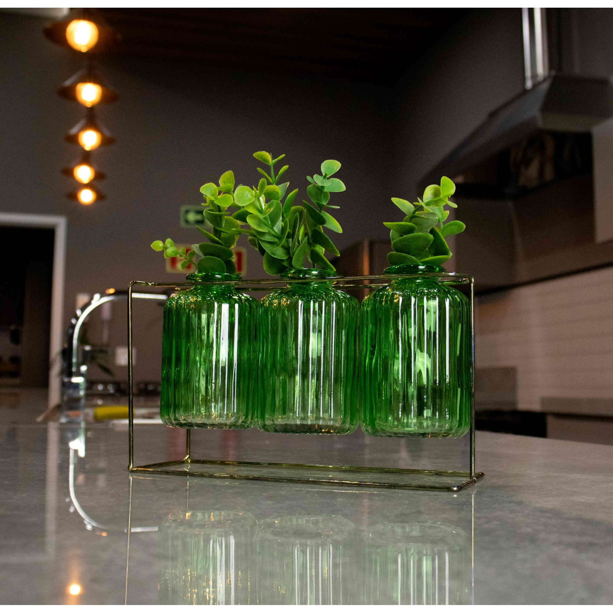 Kit com 3 Vasos de Vidro Verde com Suporte Dourado 13x21 cm - D'Rossi