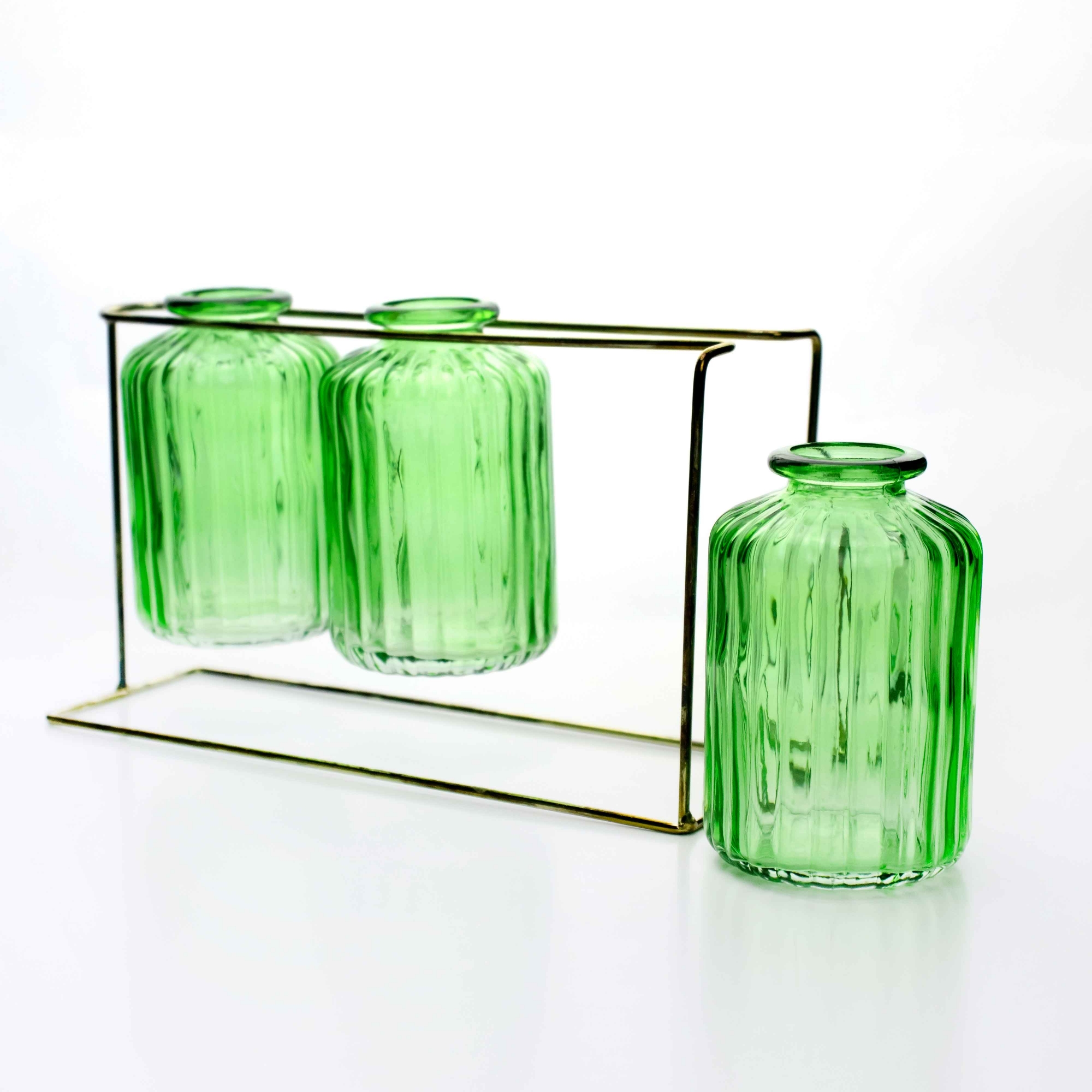 Kit com 3 Vasos de Vidro Verde com Suporte Dourado 13x21 cm - D'Rossi