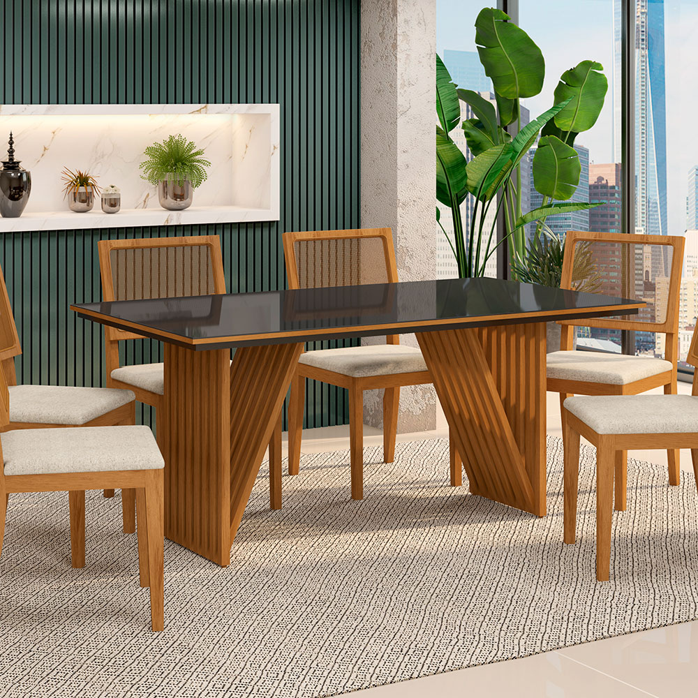 Mesa Jantar Mia 160x90 cm Preto com Base de Madeira Mel - D'Rossi