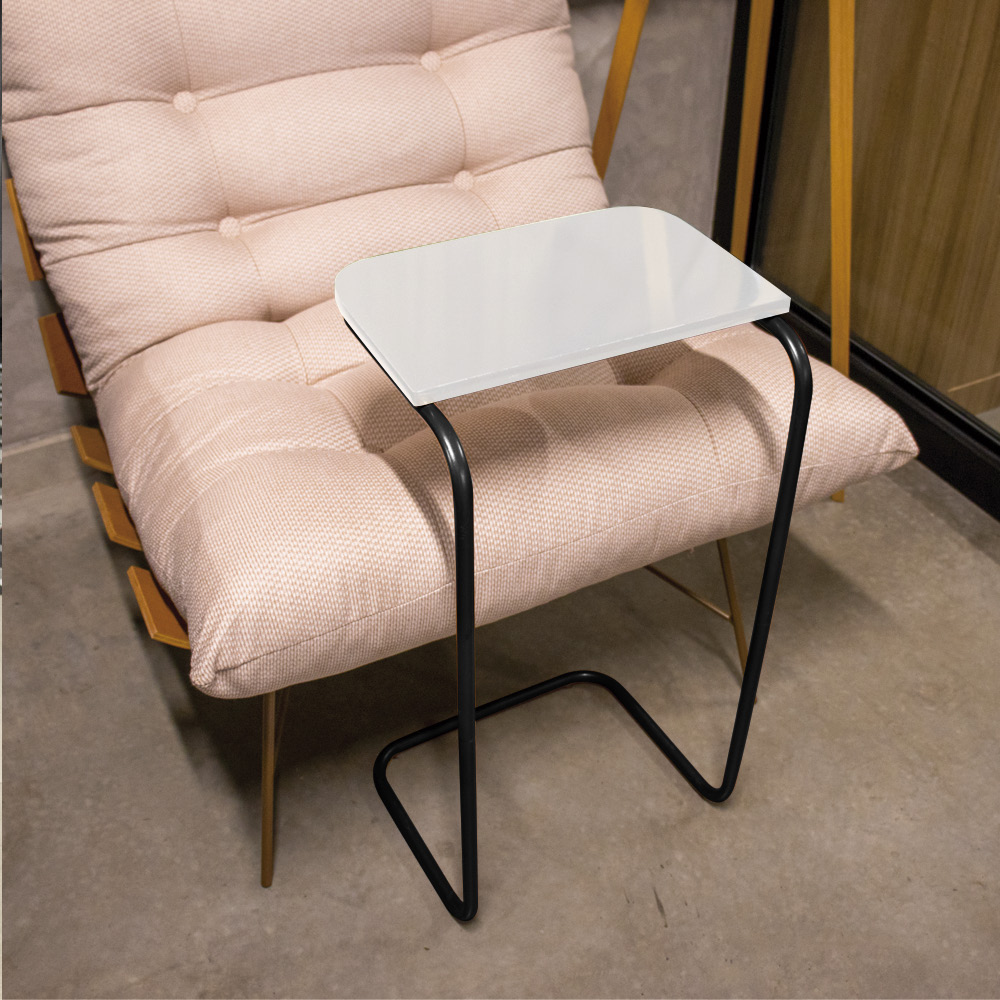 Mesa Lateral Tampo Branco Multiuso para Sofá Base Preto D'Rossi