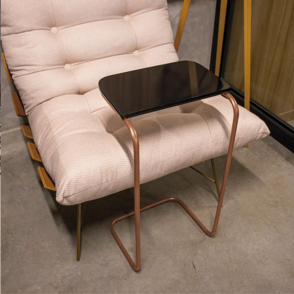 Mesa Lateral Tampo Preto Multiuso para Sofá Base Bronze D'Rossi