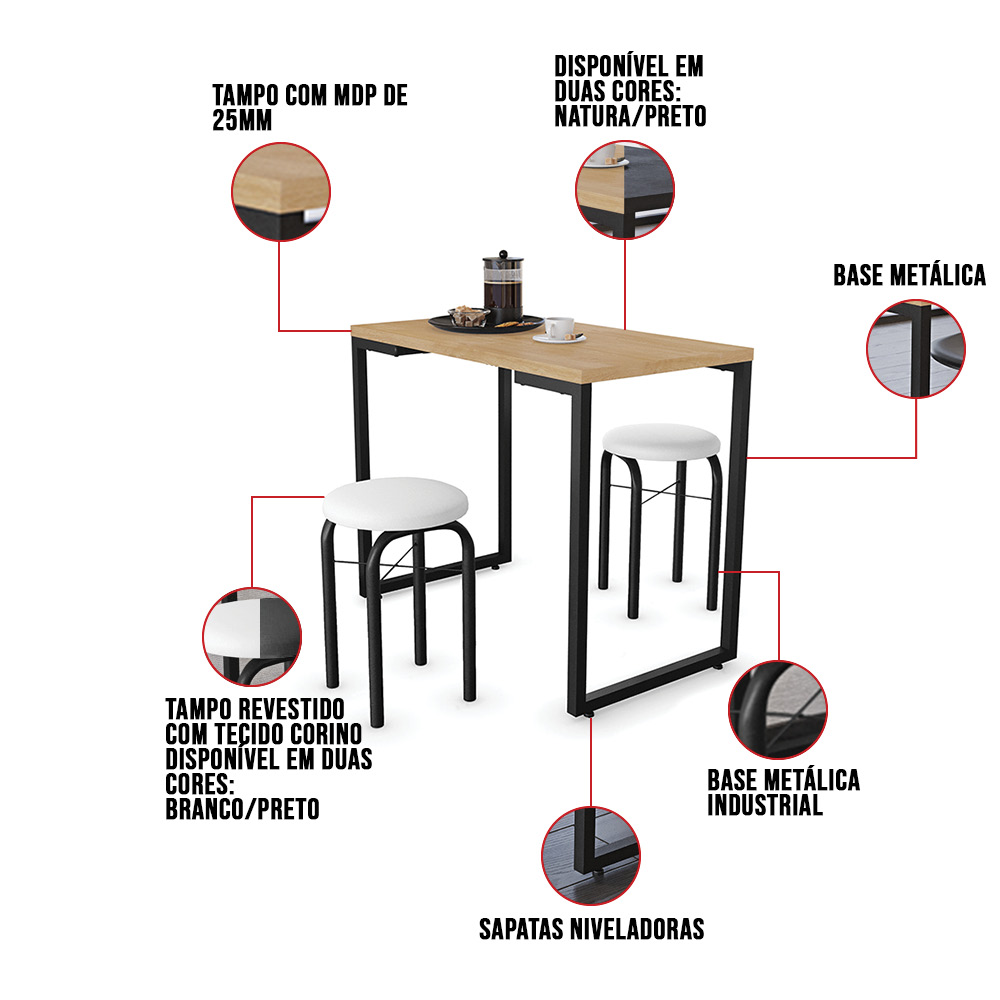 Mesa de Cozinha Industrial Porto Natural 120 cm com 02 Banquetas Manu Corino Branco - D'Rossi