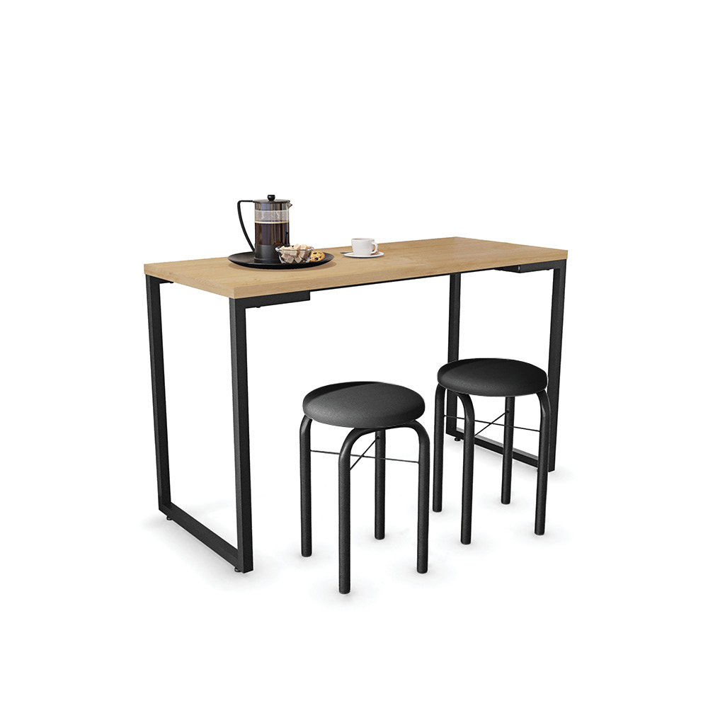 Mesa de Cozinha Industrial Porto Natural 120 cm com 02 Banquetas Manu Corino Preto - D'Rossi