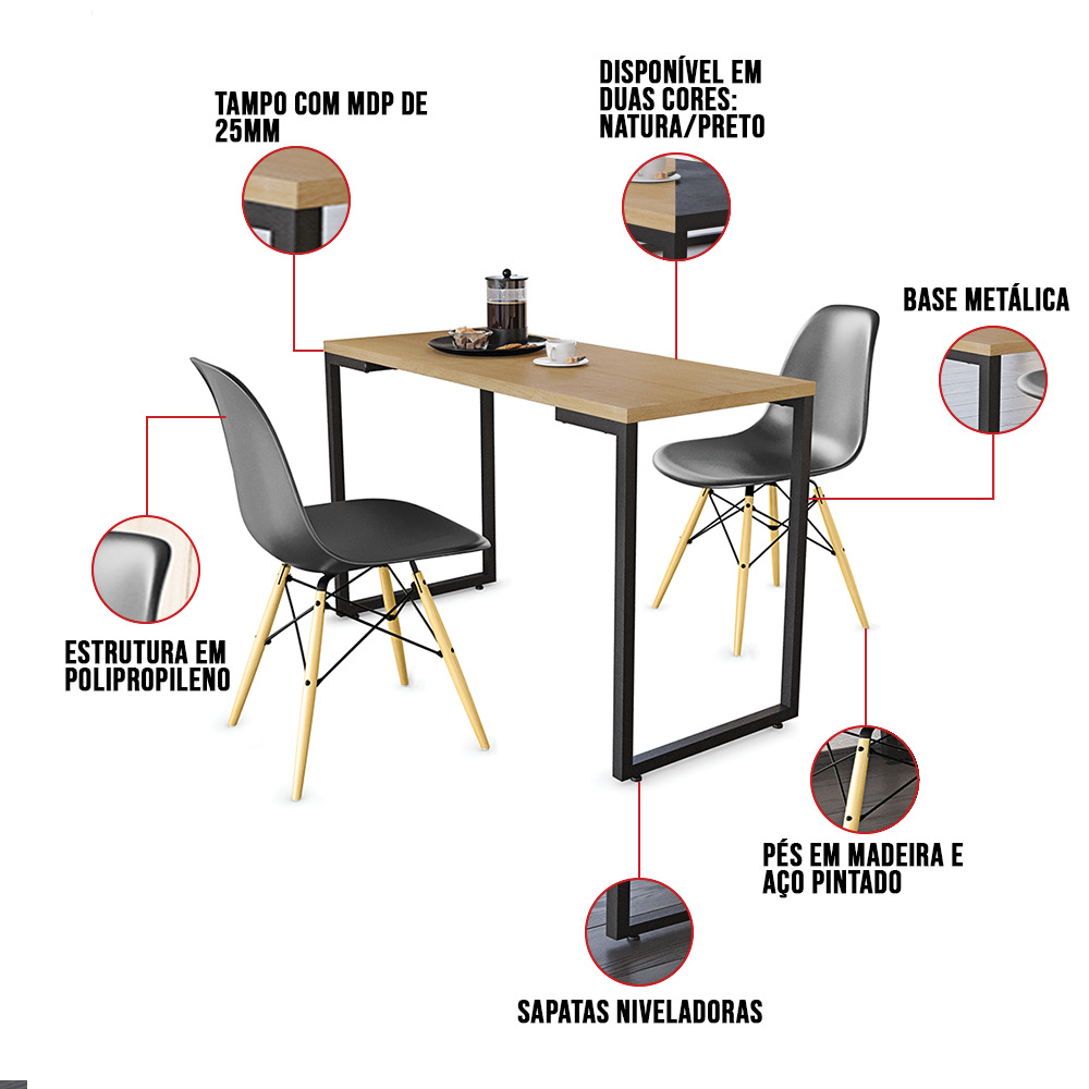 Mesa de Cozinha Industrial Porto Natural 120 cm com 02 Cadeira Eiffel Preto - D'Rossi