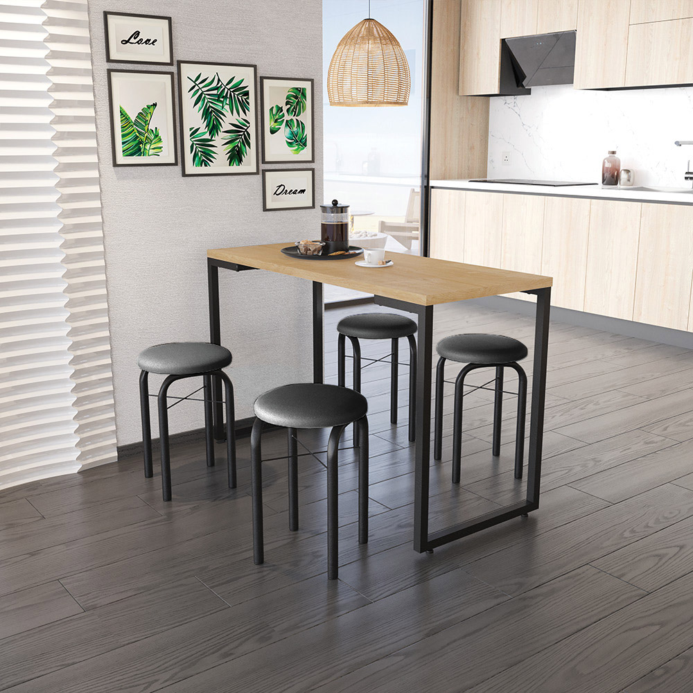 Mesa de Cozinha Industrial Porto Natural 120 cm com 04 Banquetas Manu Corino Preto - D'Rossi