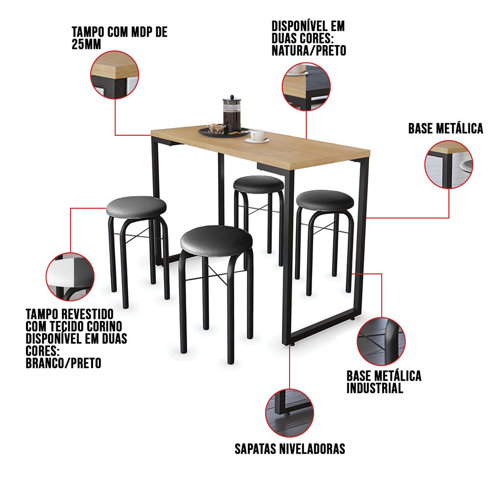 Mesa de Cozinha Industrial Porto Natural 120 cm com 04 Banquetas Manu Corino Preto - D'Rossi