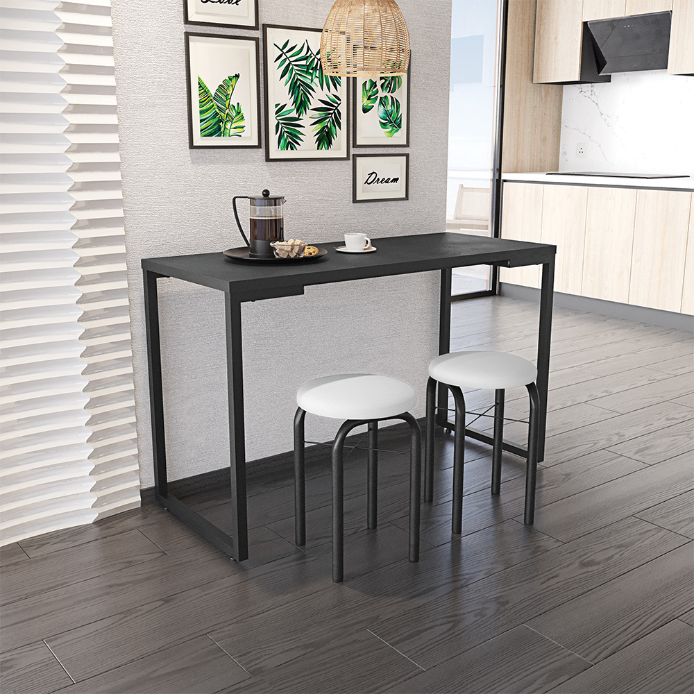 Mesa de Cozinha Industrial Porto Preto 120 cm com 02 Banquetas Manu Corino Branco - D'Rossi