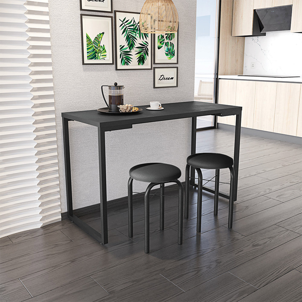 Mesa de Cozinha Industrial Porto Preto 120 cm com 02 Banquetas Manu Corino Preto - D'Rossi