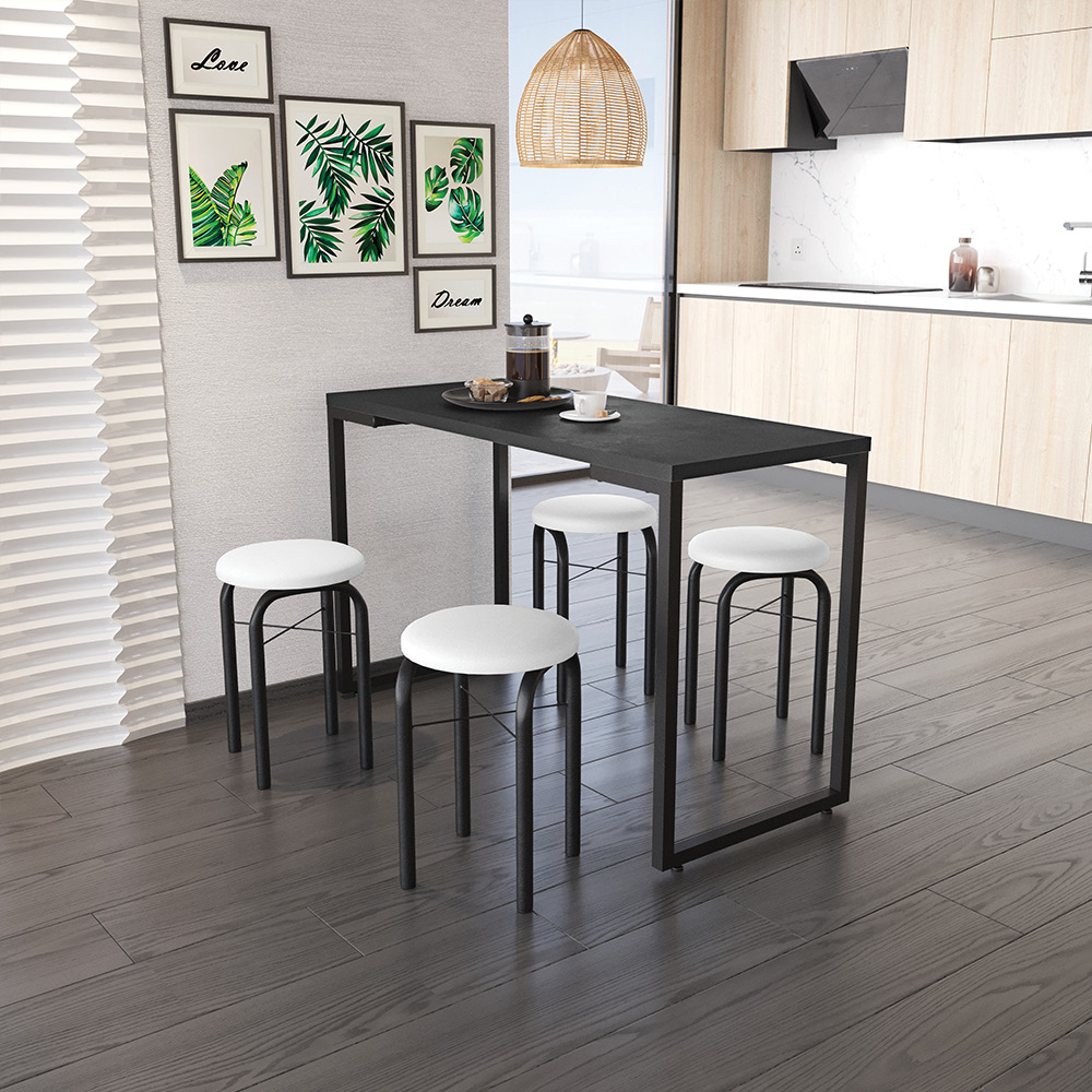 Mesa de Cozinha Industrial Porto Preto 120 cm com 04 Banquetas Manu Corino Branco - D'Rossi