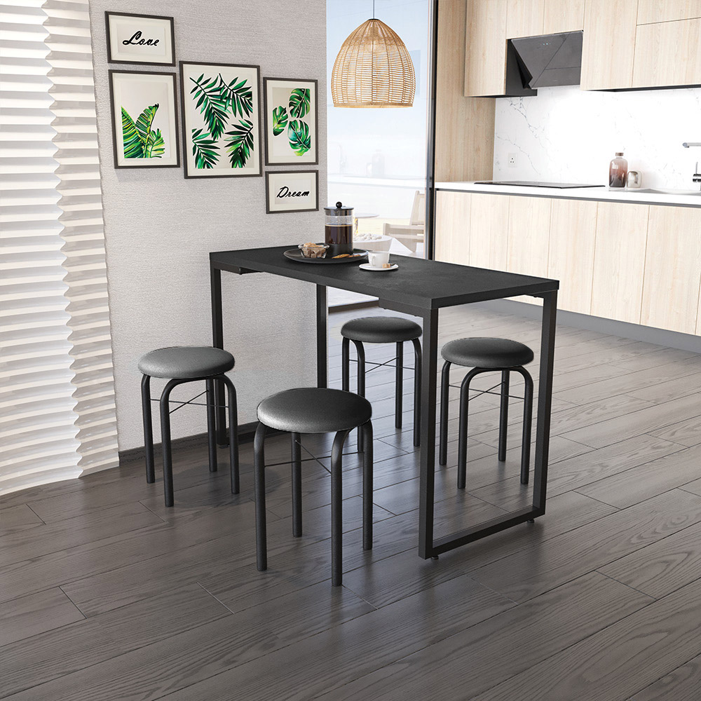 Mesa de Cozinha Industrial Porto Preto 120 cm com 04 Banquetas Manu Corino Preto - D'Rossi
