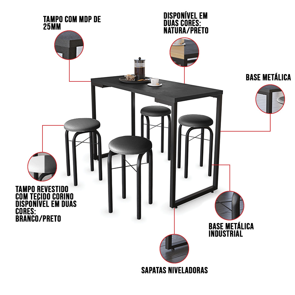 Mesa de Cozinha Industrial Porto Preto 120 cm com 04 Banquetas Manu Corino Preto - D'Rossi