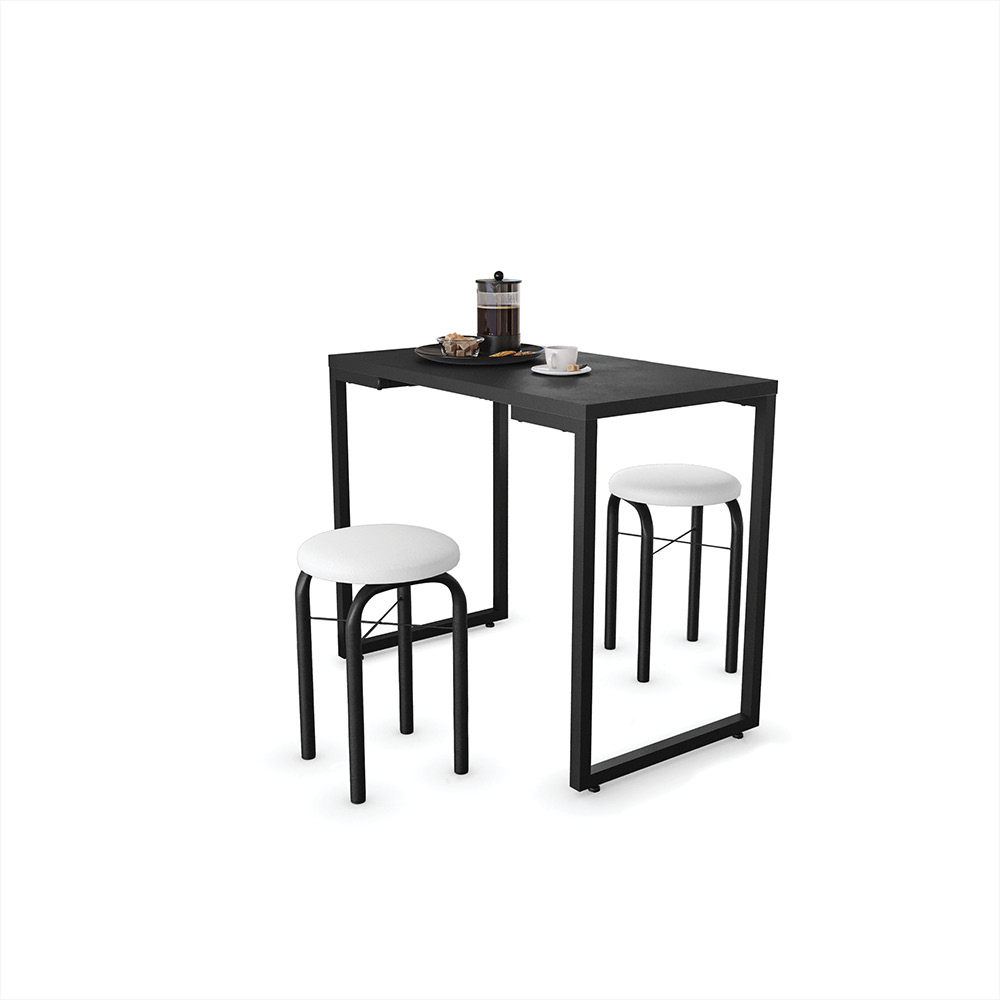 Mesa de Cozinha Industrial Porto Preto 90 cm com 02 Banquetas Manu Corino Branco - D'Rossi