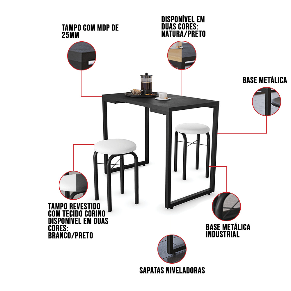 Mesa de Cozinha Industrial Porto Preto 90 cm com 02 Banquetas Manu Corino Branco - D'Rossi