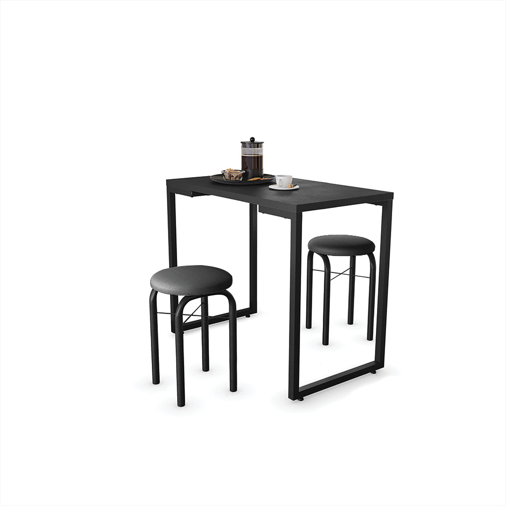 Mesa de Cozinha Industrial Porto Preto 90 cm com 02 Banquetas Manu Corino Preto - D'Rossi