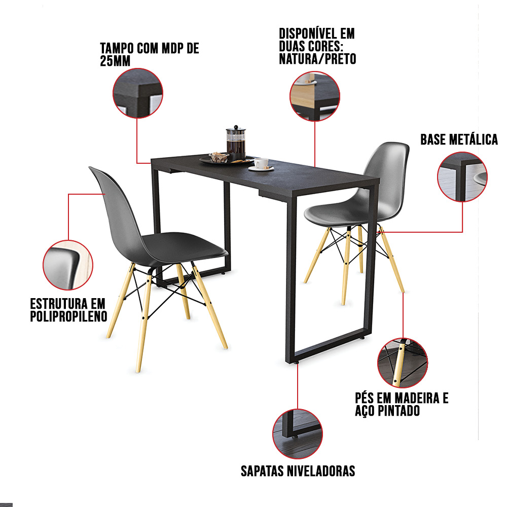 Mesa de Cozinha Industrial Porto Preto 90 cm com 02 Cadeiras Eiffel Preto - D'Rossi