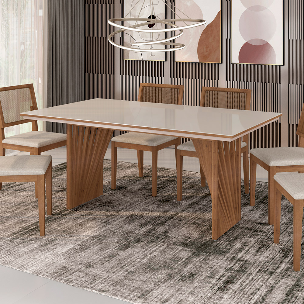 Mesa de Jantar Anny 160x90 cm Off White com Base de Madeira Mel - D'Rossi