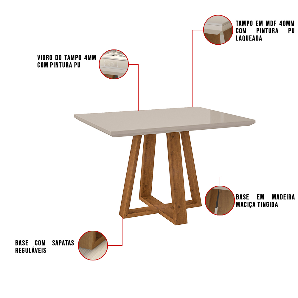 Mesa de Jantar Brenda 120x90 cm Off White com Base de Madeira Mel - D'Rossi