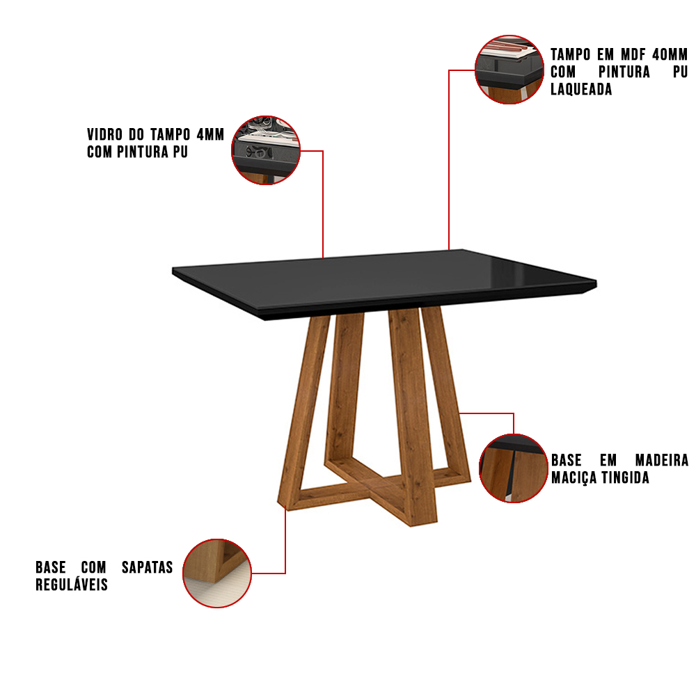 Mesa de Jantar Brenda 120x90 cm Preto com Base de Madeira Mel - D'Rossi