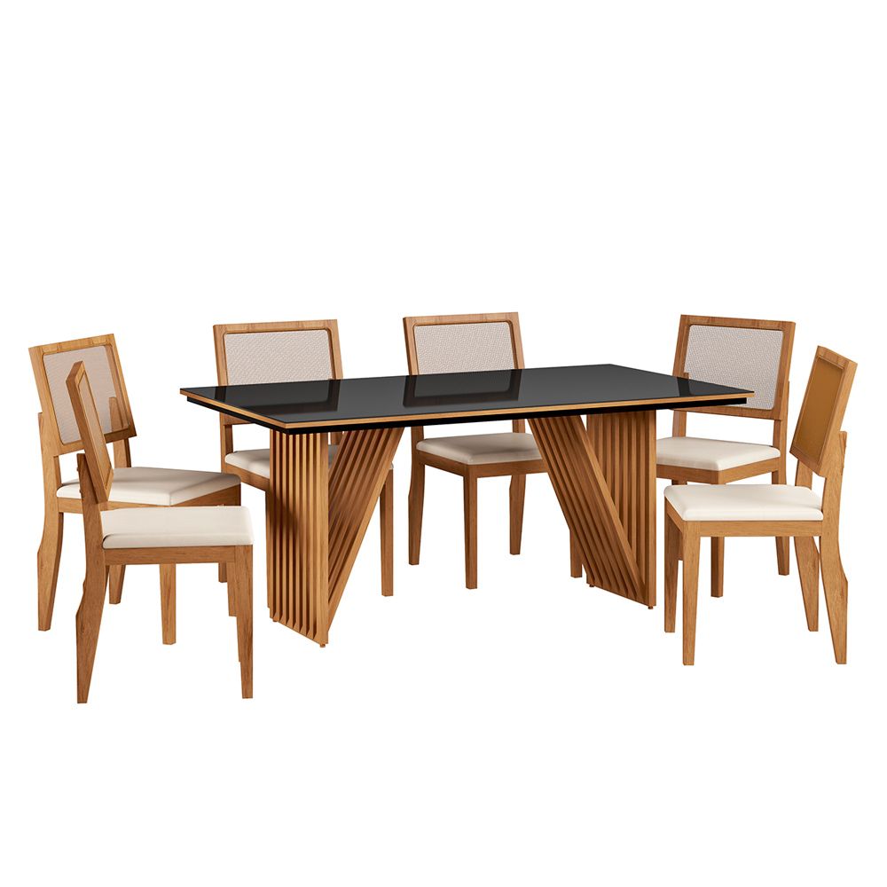Mesa de Jantar Mia Preto e Mel 160x90 cm com 06 Cadeiras Hana Castanho/Veludo Bege - D'Rossi