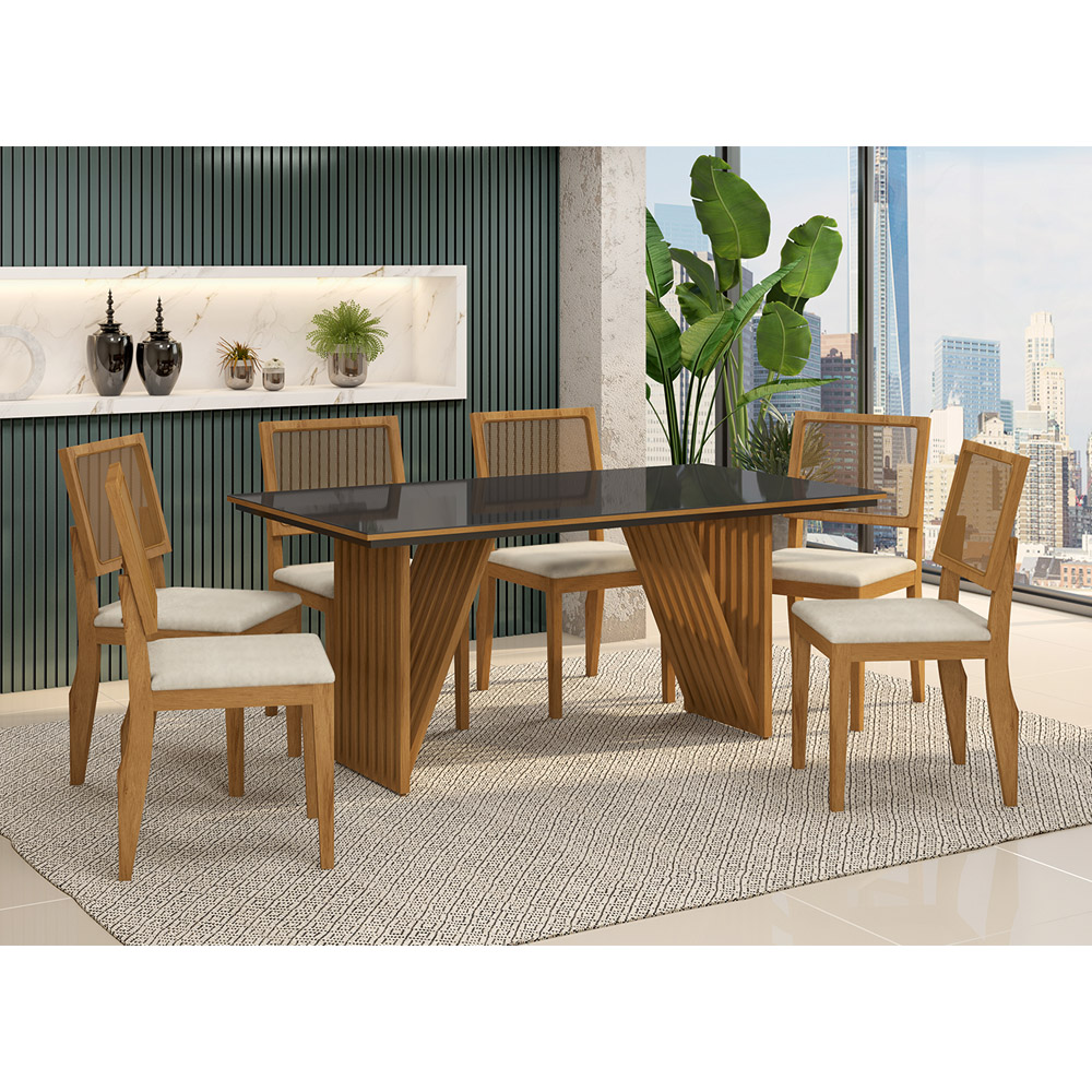 Mesa de Jantar Mia Preto e Mel 160x90 cm com 06 Cadeiras Hana Castanho/Veludo Bege - D'Rossi