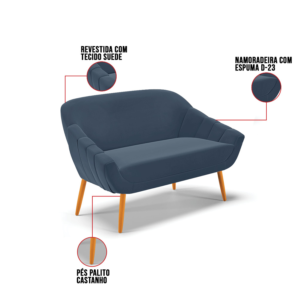 Namoradeira 02 Lugares Giovana Suede Azul Marinho Pés Palito Castanho - D'Rossi