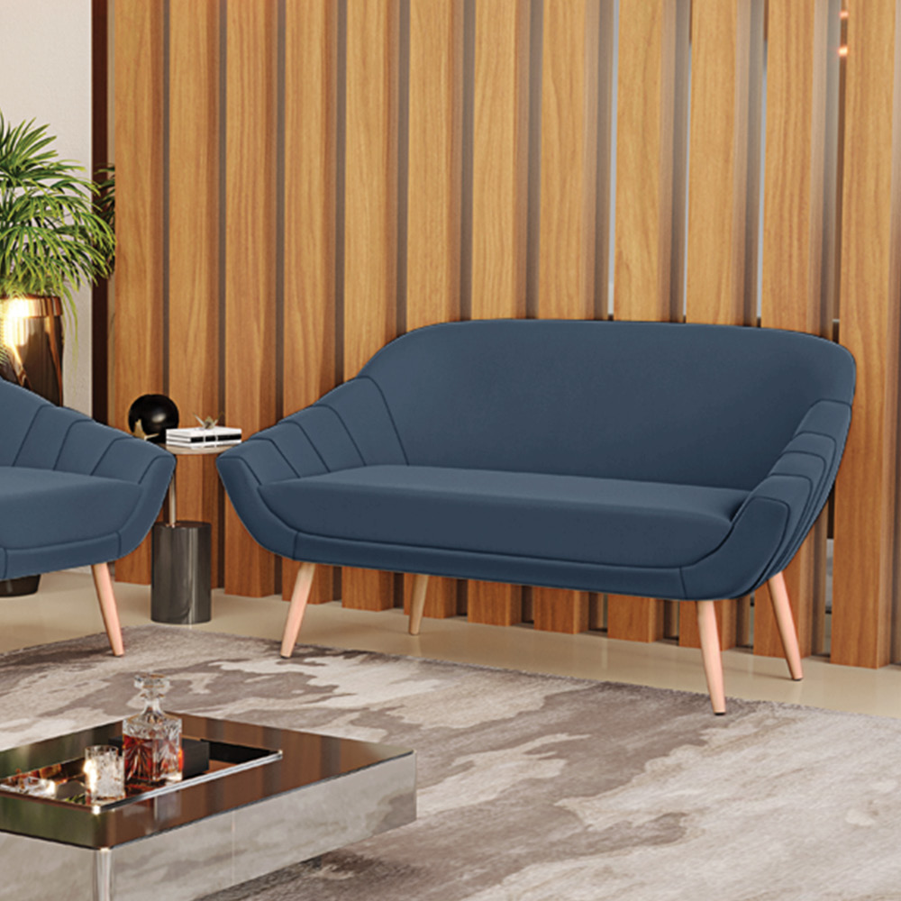 Namoradeira 02 Lugares Giovana Suede Azul Marinho Pés Palito Natural - D'Rossi